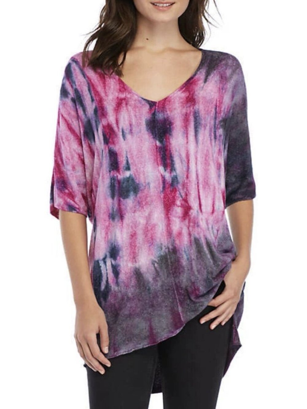 Free People Crushed Galaxy Tunic M Purple Pink Tie Dye V-Neck Oversized Top